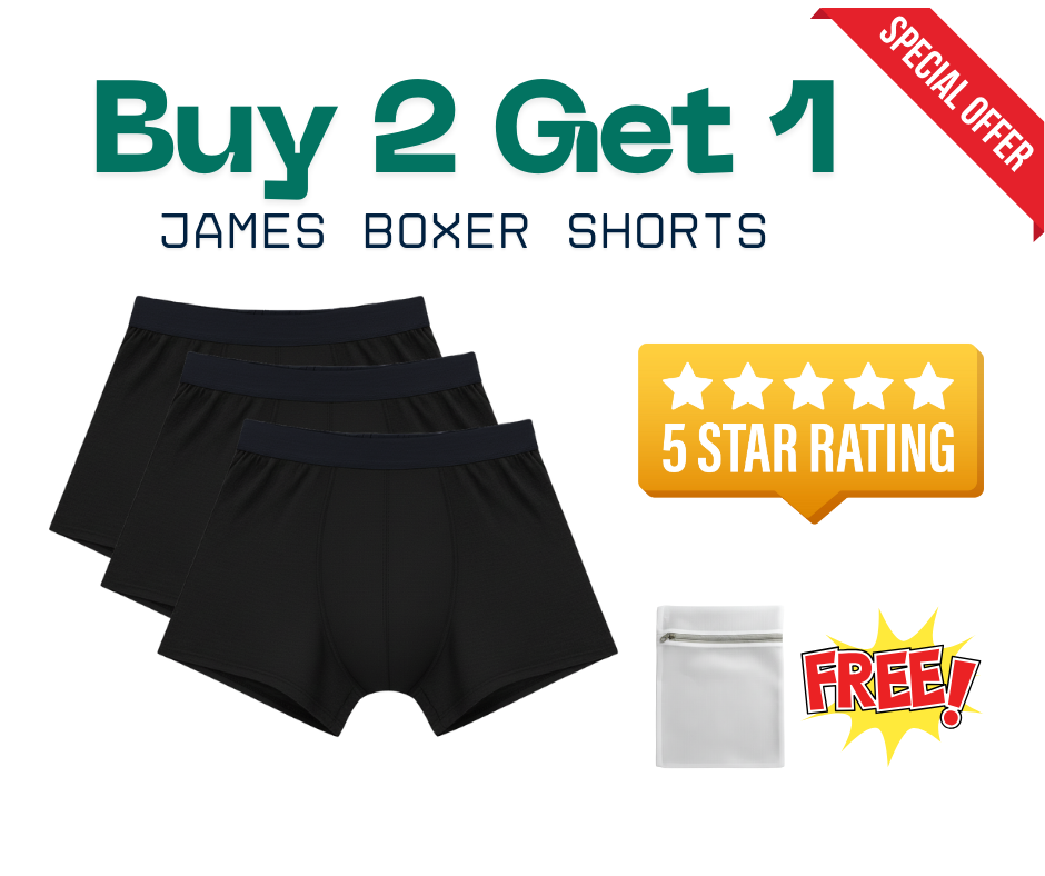 James Boxer Shorts Bundle of 2 get 1 FREE No Leaks, No Odor, No Stains Recycled and Eco-Friendly