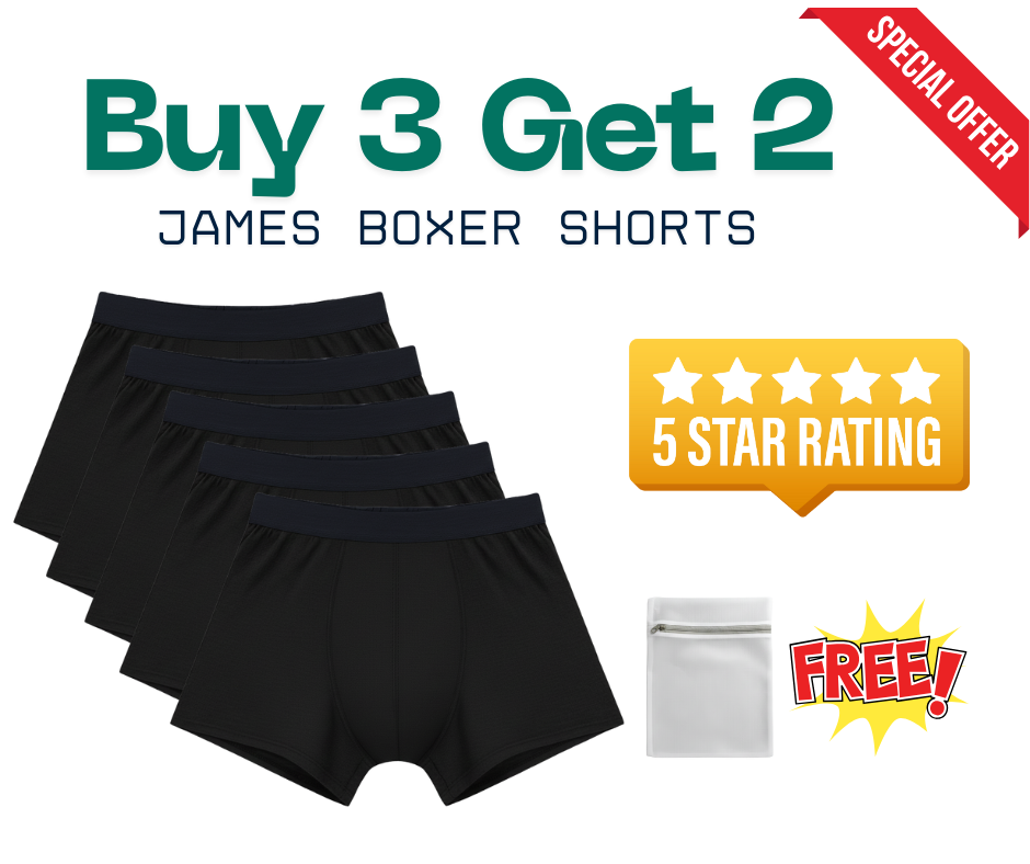 James Boxer Shorts Bundle of 3 get 2 FREE No Leaks, No Odor, No Stains Recycled and Eco-Friendly
