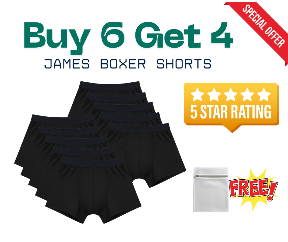 James Boxer Shorts Bundle of 6 get 4 FREE No Leaks, No Odor, No Stains Recycled and Eco-Friendly